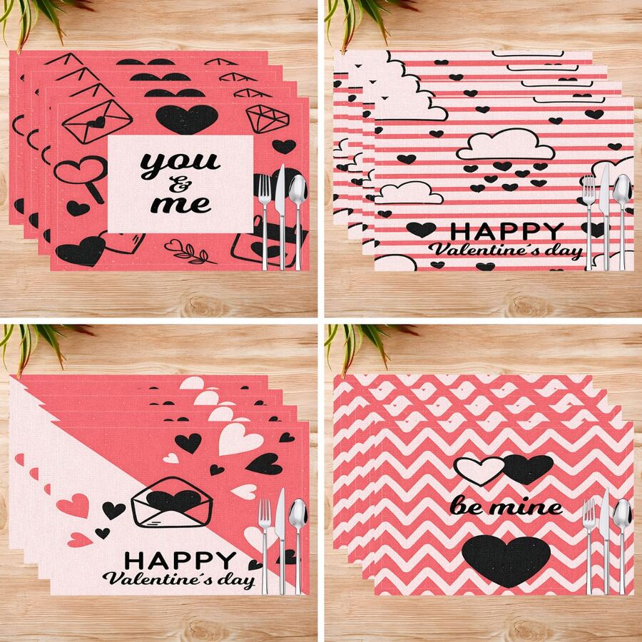 1 pieza/4 piezas/6 piezas Manteles individuales de lino con estampado temático del Día de San Valentín, aptos para mesa de comedor, Día de San Valentín, se pueden usar como regalo del Día de San Valentín, decoración del Día de San Valentín, aplicable para todas las temporadas, mantel de mesa de comedor moderno y lavable, decoración de habitación, posavasos, manteles individuales para cocina y comedor, decoración de fiesta interior/exterior, decoración del hogar, regalo ideal