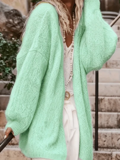 Plus Size Women Casual Solid Color Knit Cardigan, Elegant & Versatile, Loose Fit Long Sleeve, Suitable For Autumn/Winter