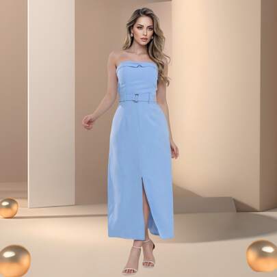 Vestido Branco Feminino com Cintura Marcada e Sem Mangas, Vestido Casual Elegante de Negócios Urbanos para Festas Formais, Adequado para Halloween, Natal e Ocasiões de Festa LUXO