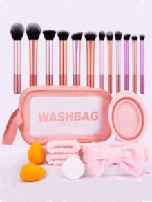 12pcs Multi-Functional Ultra Soft Makeup Brushes + Angled & Teardrop Makeup Sponges + 1pc Round/Teardrop Makeup Powder Puff, 20pcs Makeup Tools For Quick Application - Pink - View 1