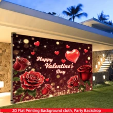 1件装，2D平面，情人节浪漫玫瑰主题背景横幅，采用涤纶面料制成，印有“情人节快乐”字样、红玫瑰和爱心图案。适用于派对、周年纪念、婚礼、情人节、生日派对装饰、节日装饰和家居装饰。