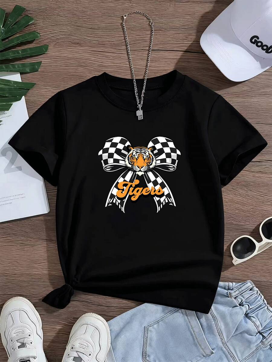 Tiger Head With Black And White Checkered Bow Symbolizing Strength And Elegance On A Comfortable 100% Cotton T-Shirt For Girls, Ideal For Everyday Wear - 黑色 - 查看 1