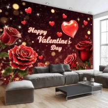 1件装，2D平面，情人节浪漫玫瑰主题背景横幅，采用涤纶面料制成，印有“情人节快乐”字样、红玫瑰和爱心图案。适用于派对、周年纪念、婚礼、情人节、生日派对装饰、节日装饰和家居装饰。