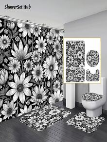 1/3/4pcs Black & White Daisy Floral Print Shower Curtain Bathroom Sets,Minimalist Retro Style Waterproof And Wear-Resistant Accessories,With 12 Hooks - Includes Toilet Seat Cover, Bath Mats, And Rugs - Plastic Fabric - Washable,Mildew-Resistant - Perfect For Holiday Decor,Home/Bedroom/House/Western/Spring Decor,