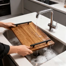 1 khay tay cầm bằng gỗ cẩm lai cao cấp - Khay đựng bằng gỗ bền, đĩa nhà hàng, đĩa phô mai, đĩa trái cây, đĩa bít tết và khay đựng, thích hợp đựng thịt, phô mai, bánh mì, bề mặt thực phẩm, khay bếp, thớt gỗ ướp, thớt chuẩn bị nhà bếp phong cách, đĩa đựng đa năng, thiết kế gỗ tự nhiên - màu nâu - Xem 5