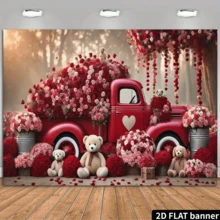 A 2D Flat Retro Red Truck Party Banner With A Teddy Bear And Rose Design, Suitable For All Seasons Both Indoors And Outdoors, No Electricity Required, Background Fabric For Valentine's Day, Wedding And Birthday Photos, Reusable Polyester, No Electricity Needed