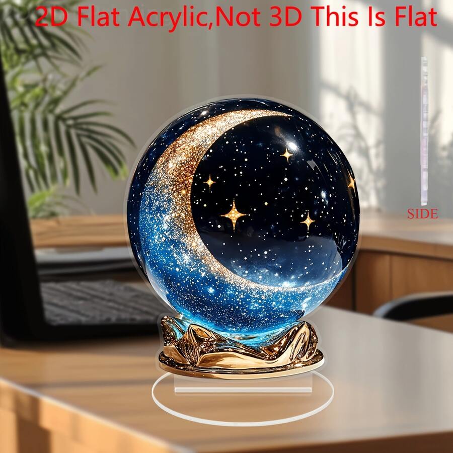 Impresión plana 2D - Bola de cristal de estilo bohemio - Diseño de cielo estrellado y luna creciente; Regalo ideal para oficina, dormitorio, jardín del hogar; Celebración de Ramadán y Eid; Decoración del hogar bohemia 2D plana, adorno de dormitorio, construcción de acrílico; Retire la película protectora antes de usar.