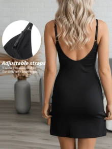 Plus Size Women Seamless Camisole Shapewear Dress, Front Unzip Design Easy To Wear, High Waist Tummy Control Lifting Sexy Bodycon Dress - Black - View 2