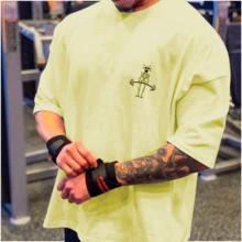 Oversized Gym Skeleton T-Shirt, Cotton, Casual Workout/Training Shirt - Màu be - Xem 2