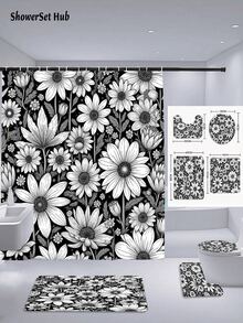 1/3/4pcs Black & White Daisy Floral Print Shower Curtain Bathroom Sets,Minimalist Retro Style Waterproof And Wear-Resistant Accessories,With 12 Hooks - Includes Toilet Seat Cover, Bath Mats, And Rugs - Plastic Fabric - Washable,Mildew-Resistant - Perfect For Holiday Decor,Home/Bedroom/House/Western/Spring Decor,