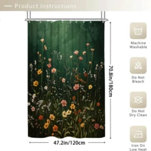1/3/4件套深绿色森林野花印花浴帘浴室套装，自然波西米亚风格防水耐磨配件，带12个挂钩 - 包括马桶盖、浴垫和地毯 - 塑料面料 - 可水洗，防霉 - 非常适合节日装饰、家居/卧室/住宅/西式/春季装饰 - 彩色 - 查看 12