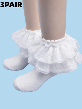3双女童蕾丝边薄袜，儿童夏季白色袜子