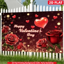 1件装，2D平面，情人节浪漫玫瑰主题背景横幅，采用涤纶面料制成，印有“情人节快乐”字样、红玫瑰和爱心图案。适用于派对、周年纪念、婚礼、情人节、生日派对装饰、节日装饰和家居装饰。