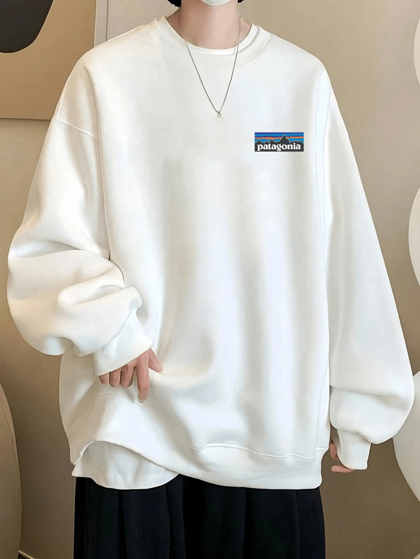 210g Pure Cotton Men's Versatile Loose Long Sleeve Top, New Fashion Holiday Print Round Neck Casual T-Shirt - trắng - Xem 1