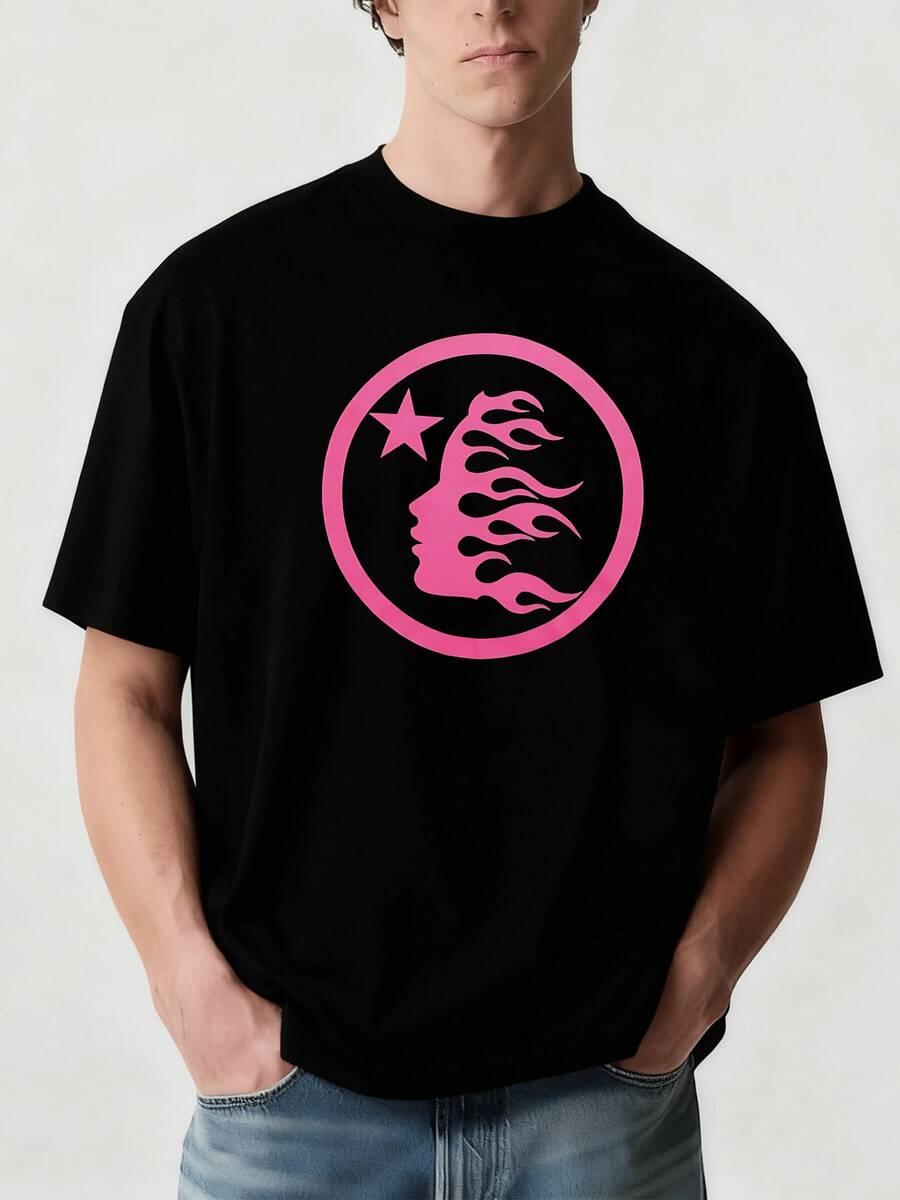 Premium Men's Graphic T-Shirt With A Cool Flame Star Design. Stylish And Comfortable, Made Of 100% Pure Cotton, Suitable For Everyday Wear. Unique Graphic Print Top, Breathable And Durable Fabric, Fashionable And Casual Style, Perfect For Summer And Other Occasions. - 黑色 - 查看 1