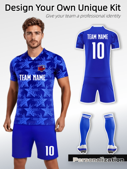 2pcs Custom Star-Pattern Blue Soccer Jersey Set: Personalize With Your Name, Team Name & Number – Unique Match Wear For Football Teams. Halloween, Thanksgiving, Christmas And New Year Gifts