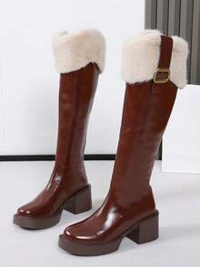 Women's Faux Fur Collar Tall Boots, 2025 New Autumn/Winter Fashion Rhinestone Zipper Back Sweet Thick Heel Non-Knee High Slim Riding Boots - Dark Brown - View 1