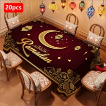 1/20 pièces Nappe de Ramadan, motif croissant de lune doré et lanterne, en tissu polyester, décoration de fête islamique, convient pour la maison, la cuisine, le jardin extérieur, les fêtes, les restaurants et autres décorations d'intérieur - Multicolore - Voir 14