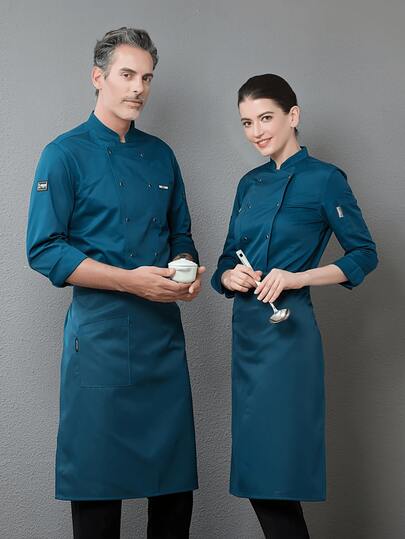 New Blue Fashion Chef Uniform Unisex Long Sleeve Autumn/Winter High-End Hotel Kitchen, Western Restaurant, Cafe, Bakery, Flower Shop. Comfortable, Breathable, Stylish Stand Collar Design, Easy To Wear/Take Off, Simple Cuff Design, Loose And Comfortable Fit, Free Movement