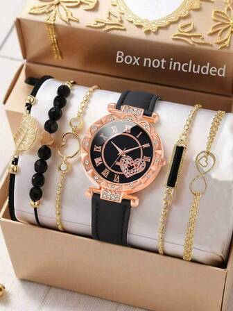 Conjunto de 6 piezas, reloj de mujer, conjunto de reloj y pulsera con correa de PU de moda, esfera con números romanos y diamantes, reloj de cuarzo, adecuado para uso diario, regalo para el Día de la Madre, regalo de cumpleaños