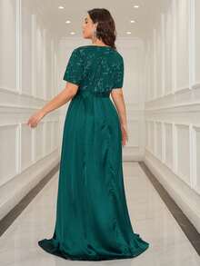 Abendkleid in Große Größen mit Pailletten-Patchwork, Stickerei und eleganten Kurzärmeln (stark verziert) für Hochzeitsfeier im Frühling - Dunkelgrün - Übersicht 3