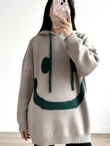 Herbst/Winter Europäischer & Amerikanischer Stil eleganter Oversize Damen Strickpullover, minimalistisches Gesichtsmuster Langarm Kapuzenpullover mit Kordelzug in Große Größen - Khaki - Übersicht 1