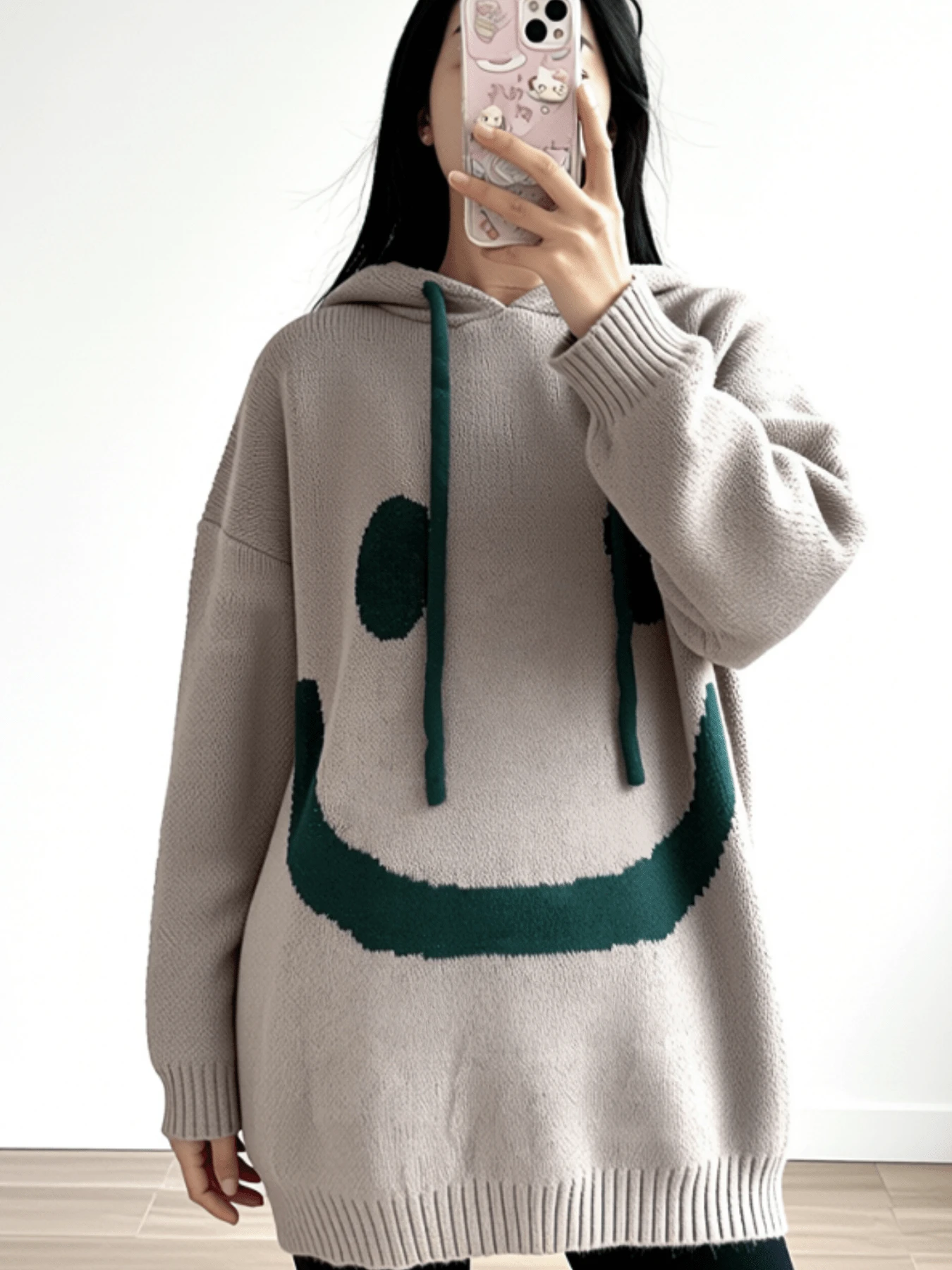 Herbst/Winter Europäischer & Amerikanischer Stil eleganter Oversize Damen Strickpullover, minimalistisches Gesichtsmuster Langarm Kapuzenpullover mit Kordelzug in Große Größen - Khaki - Übersicht 1