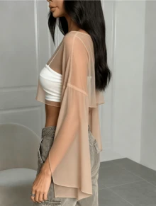 K&K FASHION Women's Blouse With Solid Bell Sleeves And Sheer Color - 鏽棕色 - 查看 4