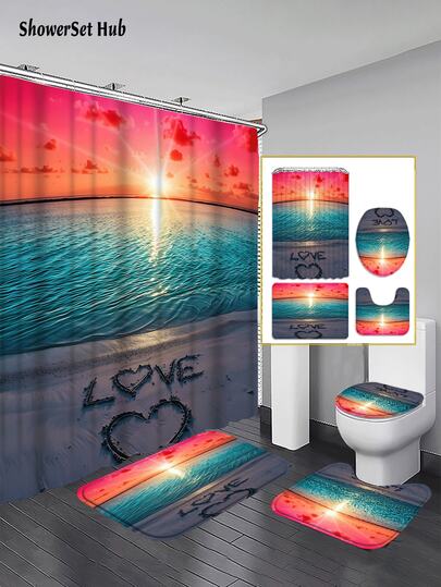 情人节装饰 1/3/4 件套日落海滩和心形印花浴帘浴室套装，浪漫海岸度假风格防水耐磨配件，带 12 个挂钩 - 包括马桶座套、浴垫和地毯 - 塑料面料 - 可水洗，防霉 - 非常适合节日装饰、家居/卧室/房屋/西式/春季装饰