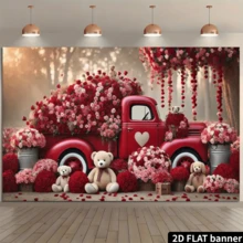 A 2D Flat Retro Red Truck Party Banner With A Teddy Bear And Rose Design, Suitable For All Seasons Both Indoors And Outdoors, No Electricity Required, Background Fabric For Valentine's Day, Wedding And Birthday Photos, Reusable Polyester, No Electricity Needed