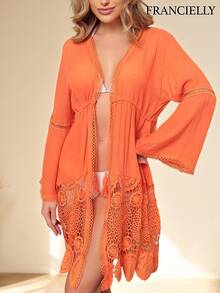 Women's Lace Beach Cover-Up, Bright Orange Detail At The Hem And Bell Sleeves, One Size Fits 38-42 - 橘色 - 查看 2