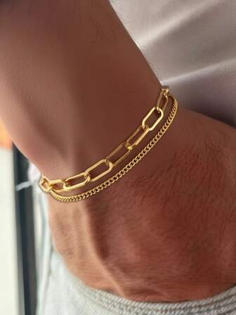 1条不锈钢男士手链，可调节双层手链，轻盈奢华复古休闲金色几何链条设计装饰手链，适合日常通勤/夏季穿搭配饰