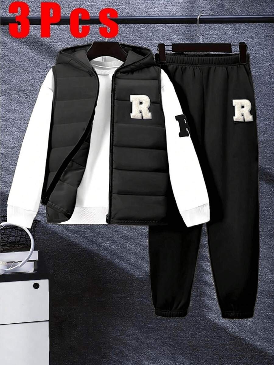 3pcs/Set Tween Boy 8-12Y Warm Outfit Set (Padded Vest + Sweatshirt + Pants), Autumn/Winter - Black and White - View 1