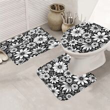 1/3/4pcs Black & White Daisy Floral Print Shower Curtain Bathroom Sets,Minimalist Retro Style Waterproof And Wear-Resistant Accessories,With 12 Hooks - Includes Toilet Seat Cover, Bath Mats, And Rugs - Plastic Fabric - Washable,Mildew-Resistant - Perfect For Holiday Decor,Home/Bedroom/House/Western/Spring Decor,