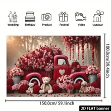 A 2D Flat Retro Red Truck Party Banner With A Teddy Bear And Rose Design, Suitable For All Seasons Both Indoors And Outdoors, No Electricity Required, Background Fabric For Valentine's Day, Wedding And Birthday Photos, Reusable Polyester, No Electricity Needed