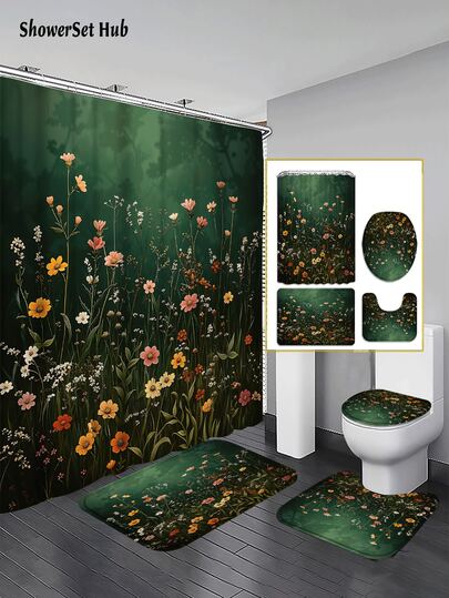 1/3/4pcs Dark Green Forest Wildflower Print Shower Curtain Bathroom Sets,Natural Bohemian Style Waterproof And Wear-Resistant Accessories,With 12 Hooks - Includes Toilet Seat Cover, Bath Mats, And Rugs - Plastic Fabric - Washable,Mildew-Resistant - Perfect For Holiday Decor,Home/Bedroom/House/Western/Spring Decor,