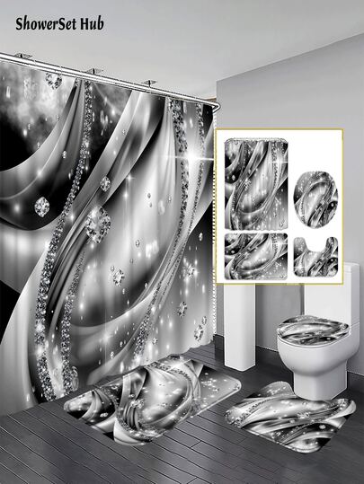 1/3/4件套闪亮钻石和亮面纹理印花浴帘浴室套装，奢华高端风格防水耐磨配件，带12个挂钩 - 包括马桶盖、浴垫和地毯 - 塑料面料 - 可水洗，防霉 - 非常适合节日装饰、家居/卧室/住宅/西式/春季装饰。