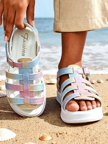 Mädchen Regenbogen Glitzer Gewebter Riemen Kunstleder Plateau Sandalen, modisch für Strand, Urlaub und täglichen Gebrauch