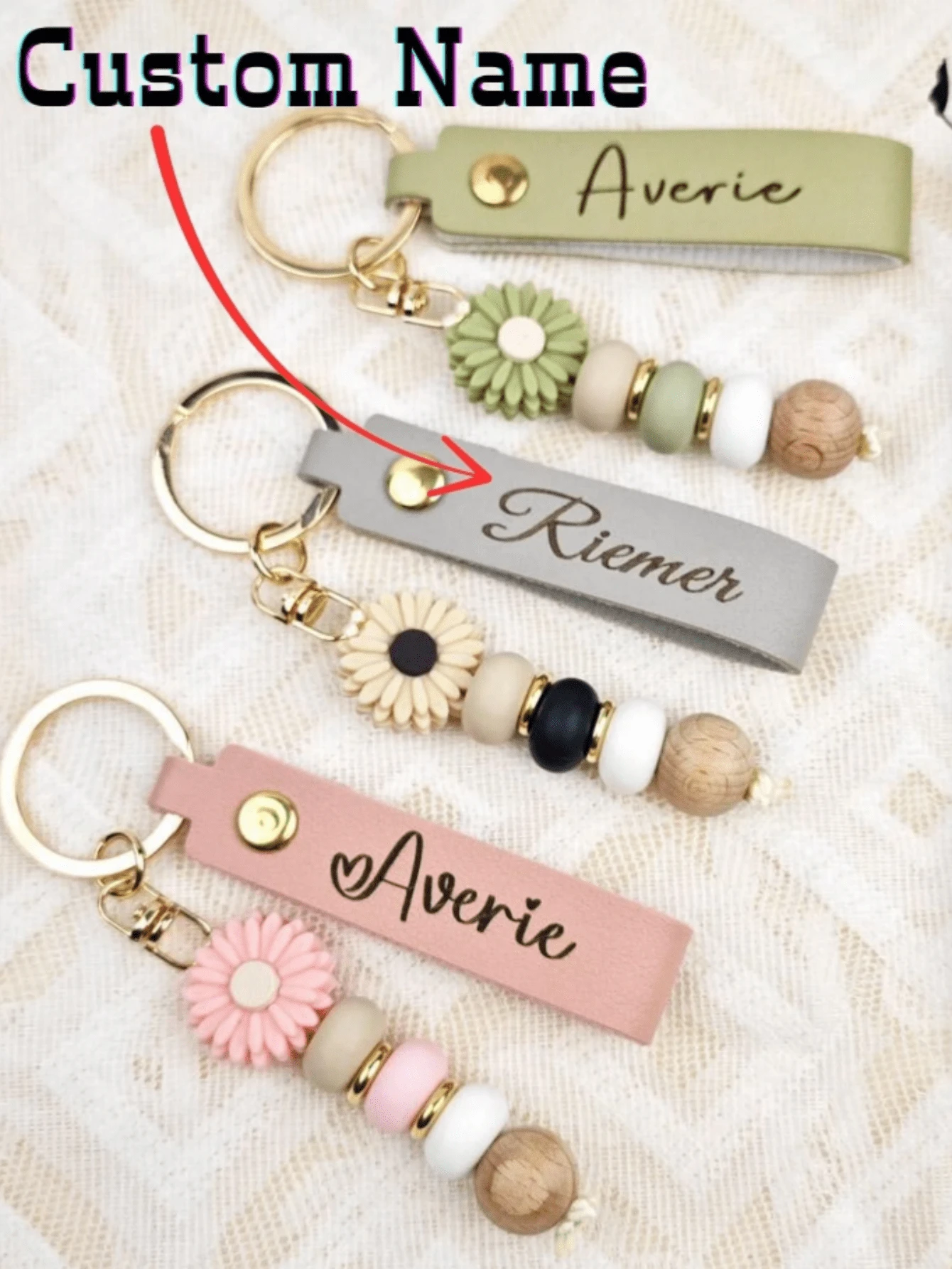1 Piece Personalized Keychain, Daisy Beaded Keychain, Faux Leather Keychain, Bridesmaid Gift, Teacher Gift, Birthday Gift, Beaded Keychain, Durable, Colorful, Cute, Adorable, Funny, Kawaii, Y2K Style, Unisex, Casual, Personalized, Unique, Custom, Ideal Gifts For Him - Multicolor - View 1