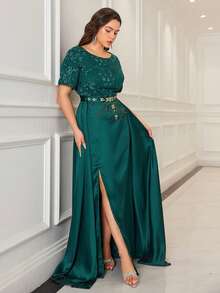 Abendkleid in Große Größen mit Pailletten-Patchwork, Stickerei und eleganten Kurzärmeln (stark verziert) für Hochzeitsfeier im Frühling - Dunkelgrün - Übersicht 2