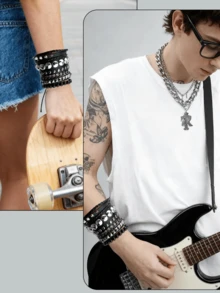 Yanxyad 1/4pcs Punk Rivet Bracelet Set, Men Punk Rivet Bracelet, Black Leather Rivet Punk Cuff Bracelet, Wristband, Snap Closure, Unisex Gift Bracelet Set - Black - View 4