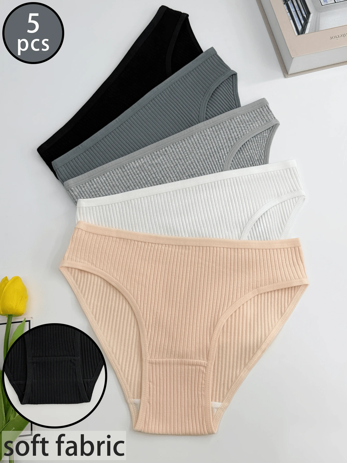 5 件装 女士多色 4x3 厚实罗纹低腰透气性感内裤