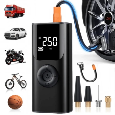 智能150PSI无线轮胎充气泵，便携式空气压缩机，带自动断电和数字压力表 | 二合一可充电移动电源和LED应急灯 | 适用于汽车、自行车、摩托车、SUV、球类等多种用途，配备4个充气喷嘴，支持特斯拉、PSI/BAR/KPA/KG CM²等多种压力单位。