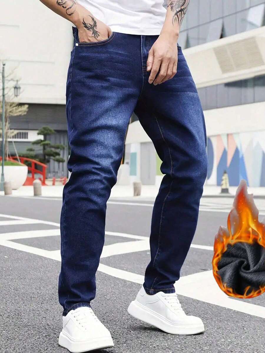 男士保暖修身深洗蓝色牛仔裤，秋冬 - 深色水洗藍 - 查看 1