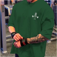 Oversized Gym Skeleton T-Shirt, Cotton, Casual Workout/Training Shirt - 綠色 - 查看 1