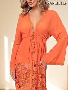 Women's Lace Beach Cover-Up, Bright Orange Detail At The Hem And Bell Sleeves, One Size Fits 38-42 - 橘色 - 查看 1