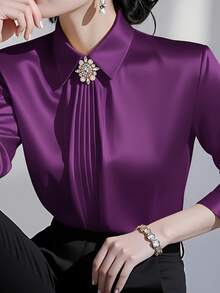 Áo sơ mi nữ dài tay cổ bẻ màu trơn, kiểu dáng thời trang, thanh lịch, phù hợp cho công sở, đi làm, thích hợp cho mùa xuân. - Màu tím - Xem 3