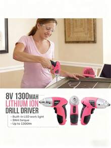 粉色家用工具套装，包含电动螺丝刀、钳子和多功能工具，带零件盒、可拆卸小螺丝、无线充电锂电池、电动工具箱维修套装、基本家用维修工具、塑料箱，便携方便。 - 彩色 - 查看 2