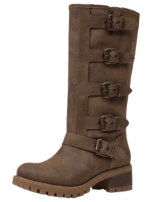 Fashion Riding Knee High Boots For Women Round Toe Mid Chunky Heel Buckle Side Zipper Wide Calf Boots Winter Outdoor Footwear For Women - 棕色 - 查看 8