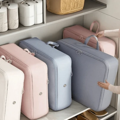 拉链压缩袋 - 超省空间自压缩收纳袋 羽绒被收纳袋 家用衣物被子毯子压缩整理袋 旅行上学旅行行李袋